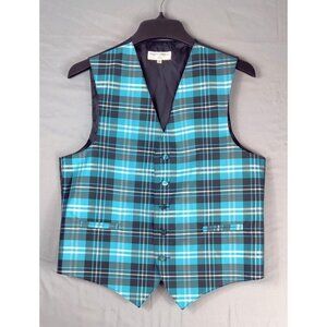 Mens Vest by Vesuvio Napoli Satin Gleam Turquoise Blue White Black Plaid Sz S